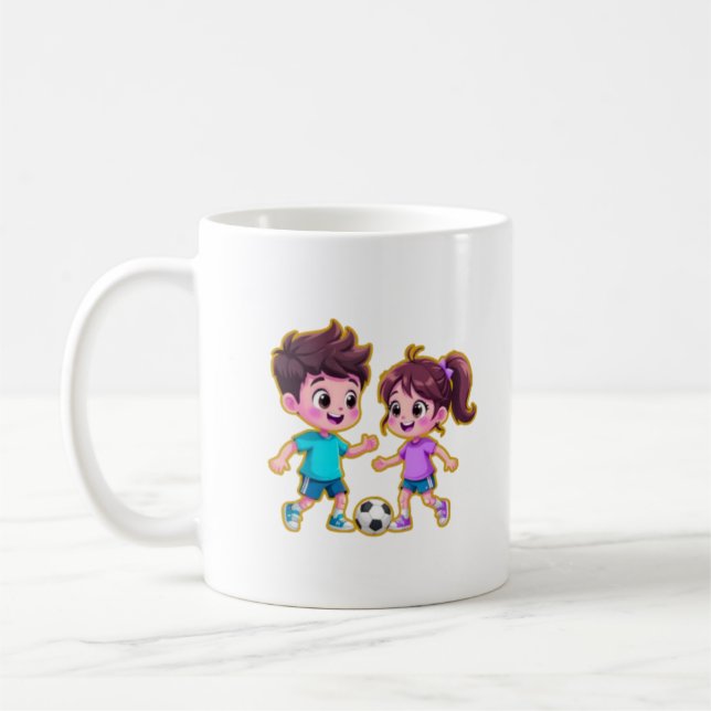 Caneca De Café **Cute Cartoon Boy and Girl Playing Soccer Togethe (Esquerda)