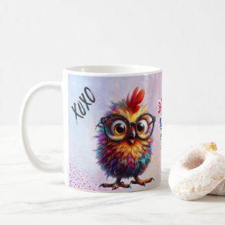 Caneca De Café Cute Cartoon Chicken, Colorful Floral. Farm Animal