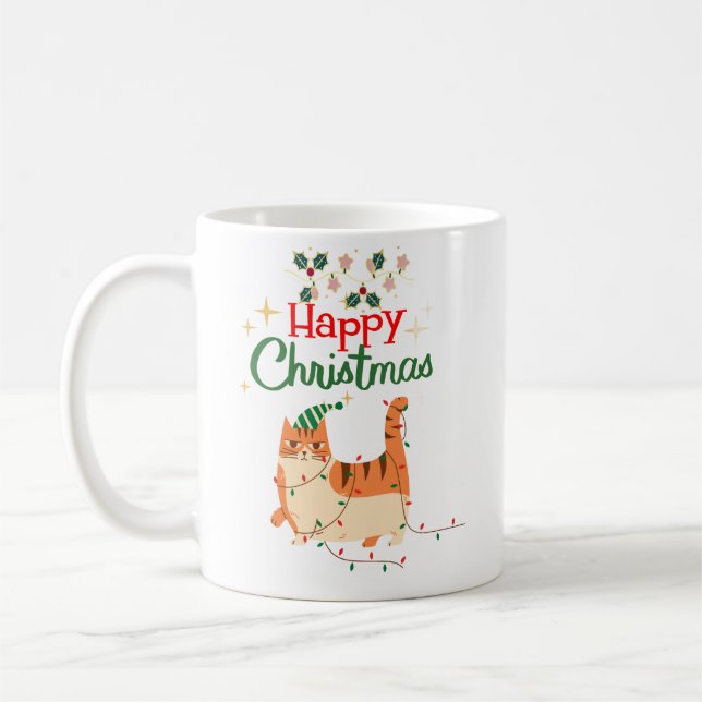Caneca De Café Cute Cat 'Happy Christmas' Holiday Mug (Esquerda)