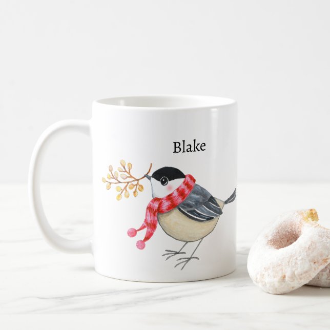 Caneca De Café Cute Chickadee with Scarf Bringing Gift Custom (Com Donut)
