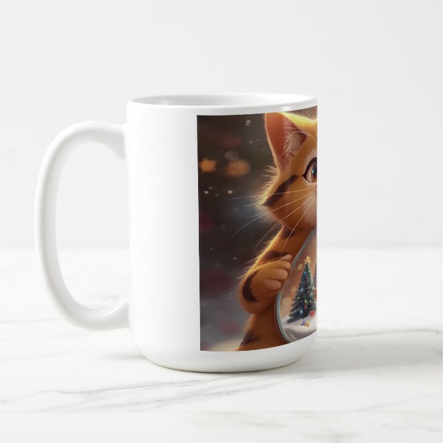 Caneca De Café Cute Christmas Cat Holding Snow Globe Art (Esquerda)