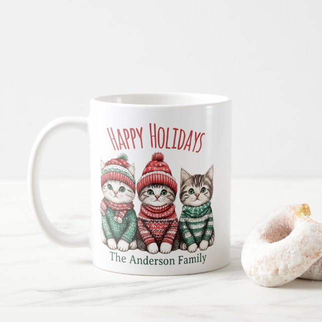 Caneca De Café Cute Christmas Cat Mug | Custom Family Name (Com Donut)