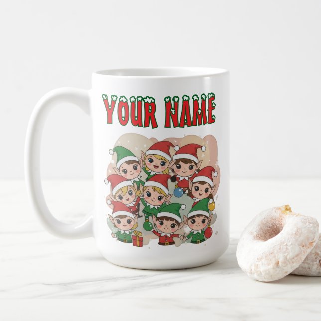 Caneca De Café Cute Christmas Elves Squad Cartoon Illustration (Com Donut)