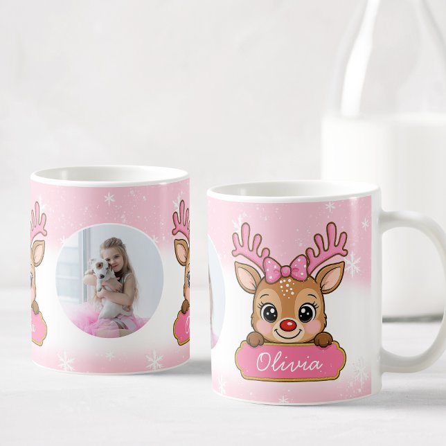 Caneca De Café Cute Christmas Holiday Reindeer Pink Girl Kids (Criador carregado)