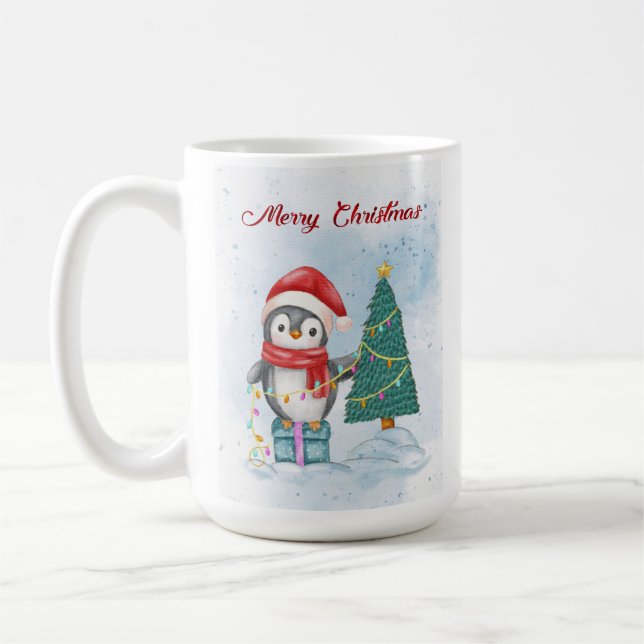 Caneca De Café Cute Christmas Penguin Decorating Tree with Lights (Esquerda)