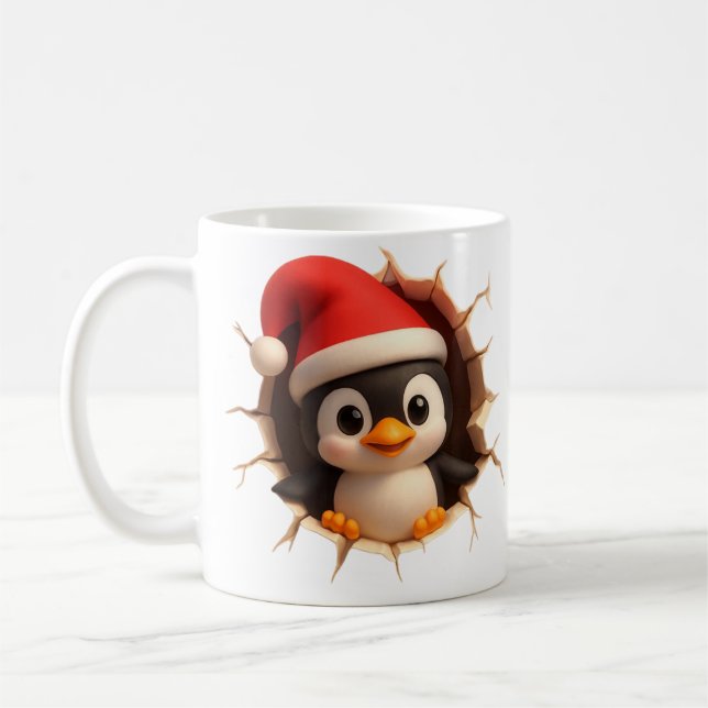 Caneca De Café Cute Christmas Penguin Mug - Custom Name Santa Hat (Esquerda)