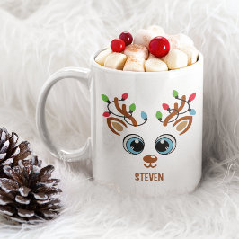 Caneca De Café Cute Christmas reindeer face With Ligths