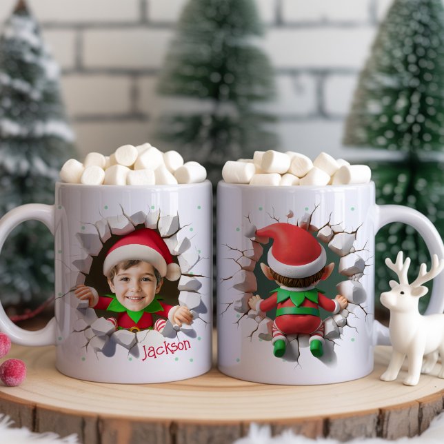 Caneca De Café Cute Custom Kids Face Photo Funny Elf Christmas (Fun and funny Custom Kids Face Photo cute Elf crashing front and back side Christmas Coffee Mug Cups)