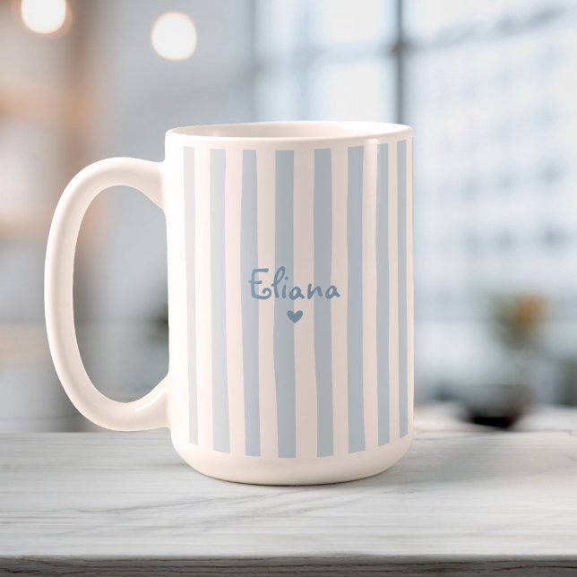 Caneca De Café Cute Custom Name Light Blue Stripes Girly (Criador carregado)