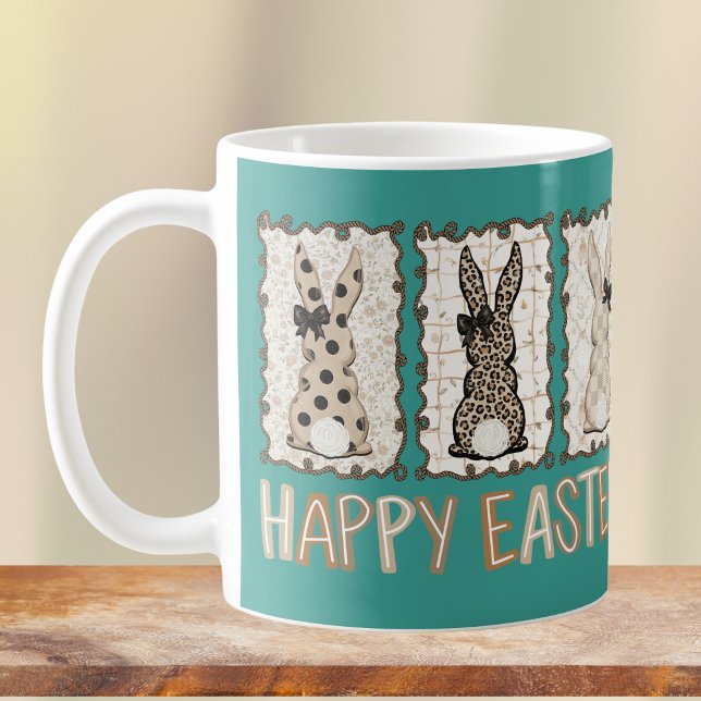 Caneca De Café Cute Easter Bunny n Animal Print Brown Bows Teal (Criador carregado)