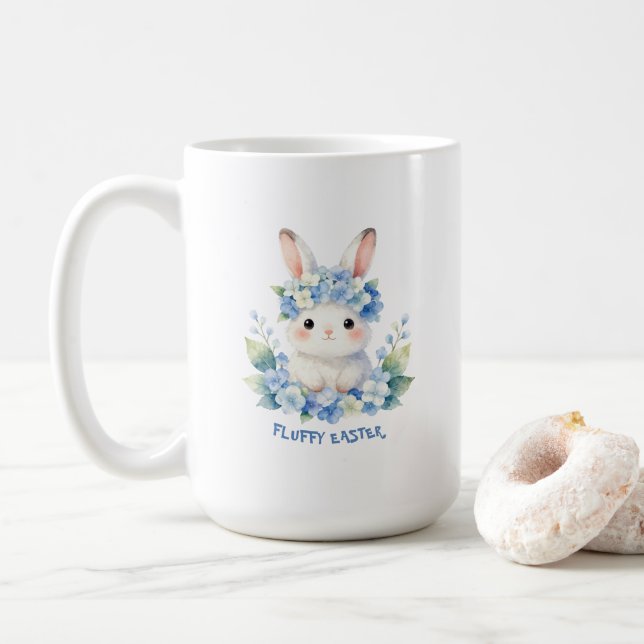 Caneca De Café Cute Easter Bunny Watercolor with Hydrangea (Com Donut)