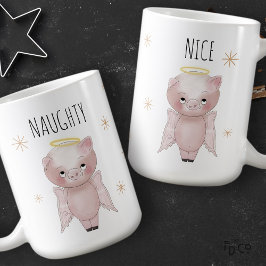 Caneca De Café Cute Festive Naughty or Nice Angel Pig Holiday 