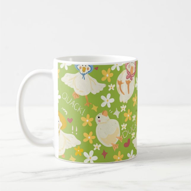 Caneca De Café Cute Green Duck & Daisy Flower Seamless Pattern (Esquerda)