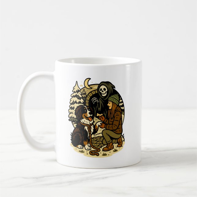 Caneca De Café Cute Grim Reaper Girl and Dog Spooky Forest Night (Esquerda)