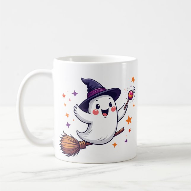 Caneca De Café Cute halloween ghost on broomstick mug (Esquerda)