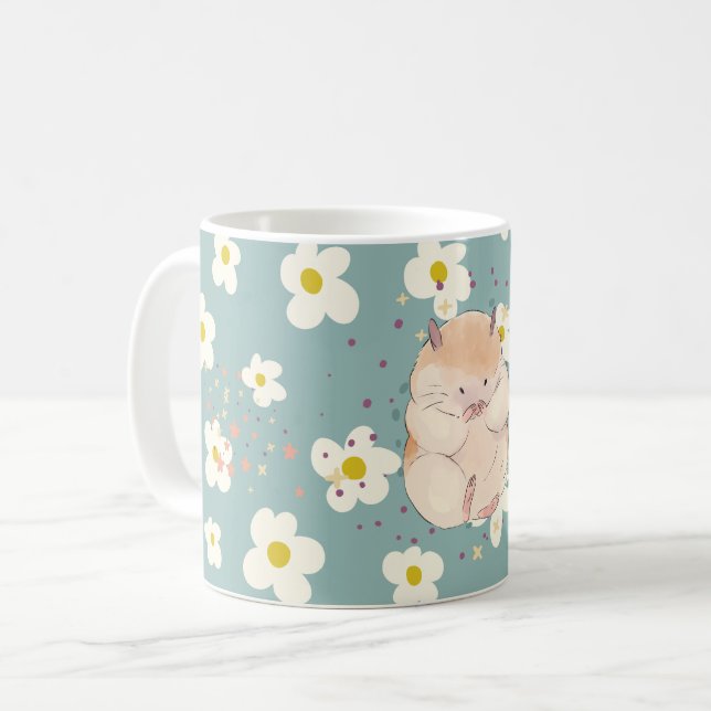 Caneca De Café Cute Hamster & Daisy Pattern Mug – Sweet PastelMug (Frente Esquerda)