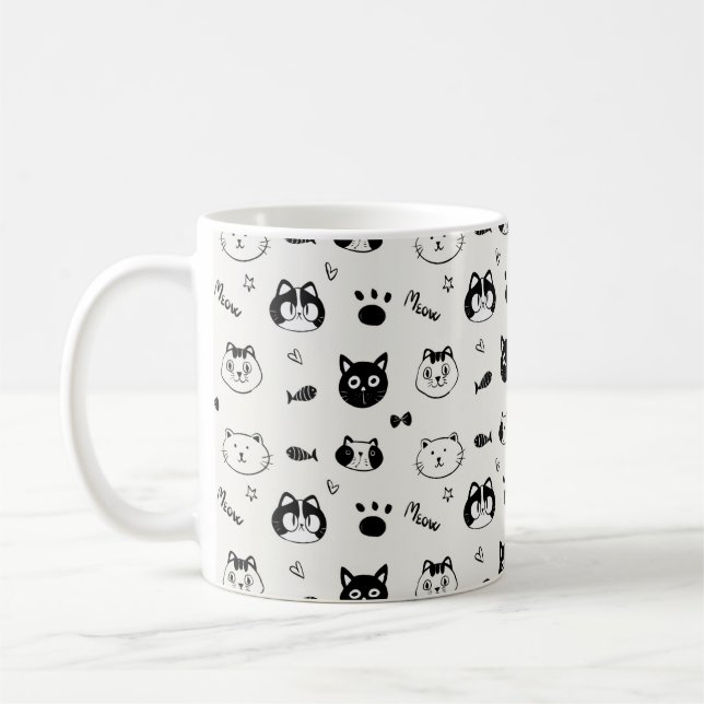 Caneca De Café Cute Hand-drawn Cat Faces Doodle Pattern (Esquerda)