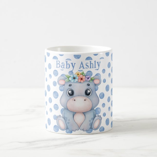 Caneca De Café Cute hippo with baby name blue polka dots (Centro)