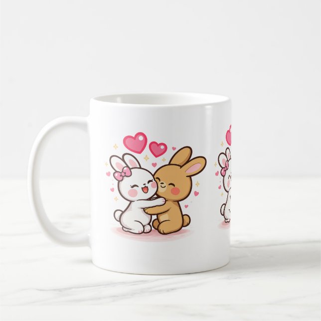 Caneca De Café Cute Kawaii Bunny Love Mug – Romantic Rabbit Coupl (Esquerda)