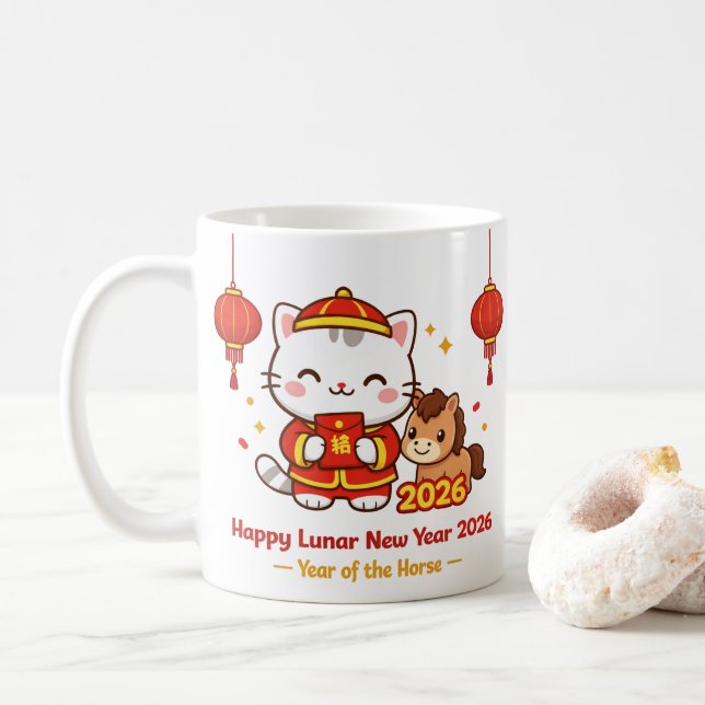 Caneca De Café Cute Kawaii Cat Lunar New Year 2026 Mug (Com Donut)
