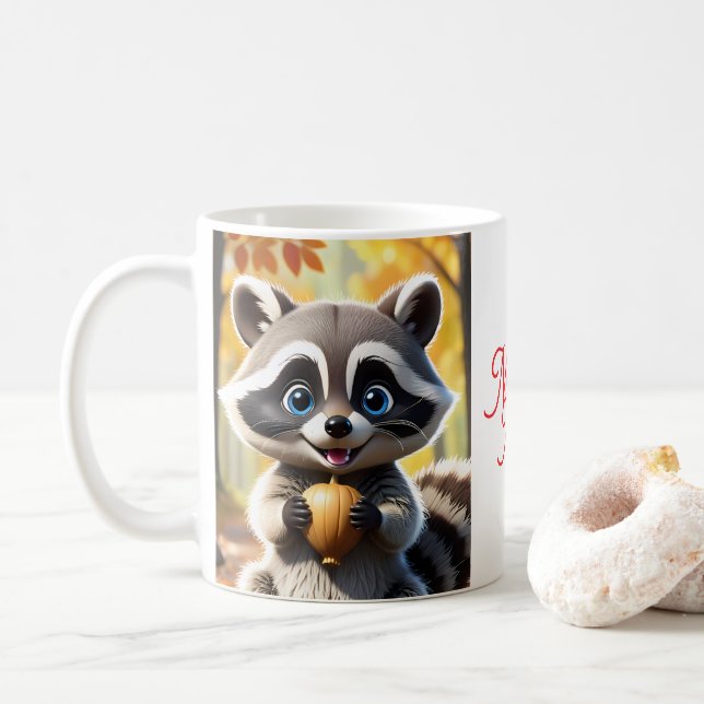 Caneca De Café Cute Kawaii style Racoon segurando uma bolota (Com Donut)