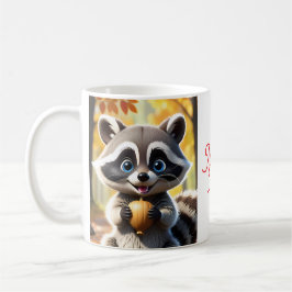 Caneca De Café Cute Kawaii style Racoon segurando uma bolota