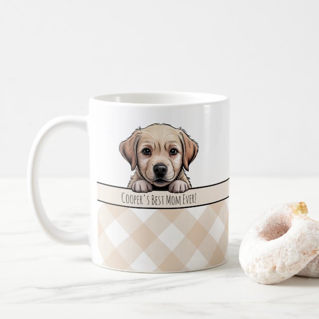 Caneca De Café Cute Labrador Puppy Best Dog Mom Beige Gingham (Com Donut)