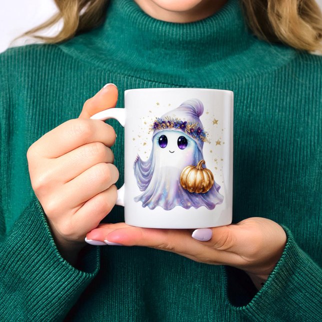 Caneca De Café Cute Lavendar Purple Ghost Halloween Spooky Bougie (Criador carregado)