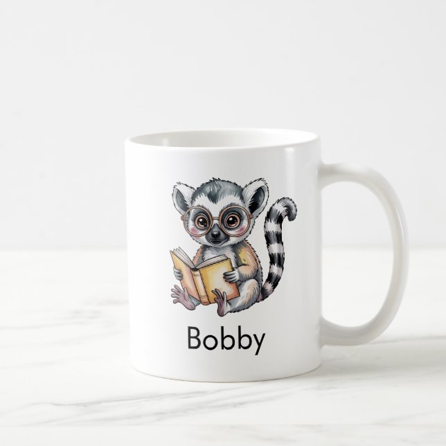 Caneca De Café Cute Lemur Reading a Book Custom (Direita)