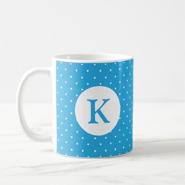 Caneca De Café Cute Light Blue Polka Dot Pattern Monogram (Esquerda)