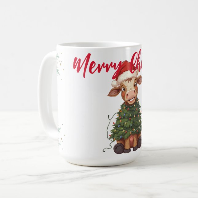 Caneca De Café Cute merry Cow Christmas tree calf ox Xmas pattern (Frente Esquerda)