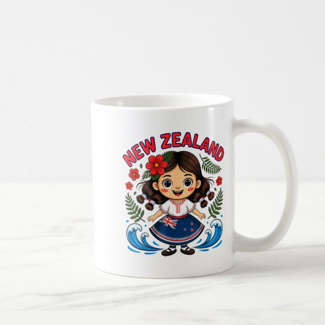 Caneca De Café Cute New Zealand Girl With Fern And Waves Dor Kids (Direita)