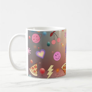 Caneca De Café Cute Pastel Doodle Pattern Pizza Cherry Smiley
