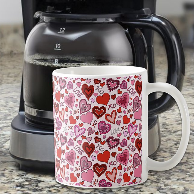 Caneca De Café Cute Pink Red Hearts Blush Love Pattern (Criador carregado)