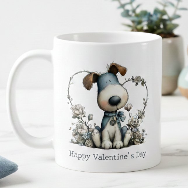 Caneca De Café Cute Puppy Dog Valentines Mug (blue watercolor cartoon puppy dog happy valentines day mug)