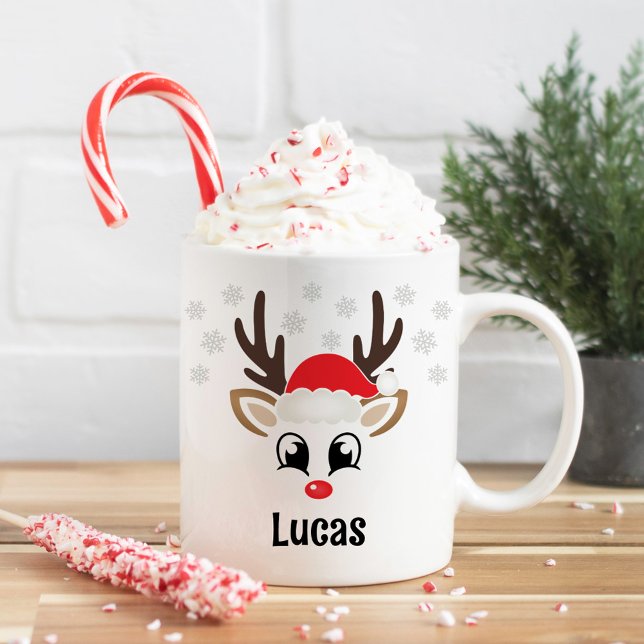 Caneca De Café Cute Reindeer Boy Santa Hat Nome Personalizado Nat (Criador carregado)