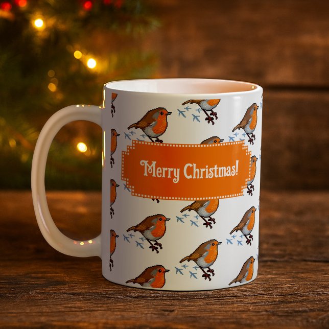 Caneca De Café Cute Robin Red Breast Merry Christmas! Pattern (Criador carregado)