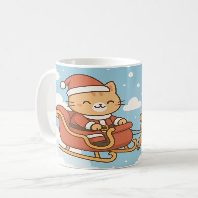 Caneca De Café Cute Santa Cat Flying Sleigh Christmas Mug (Frente Esquerda)
