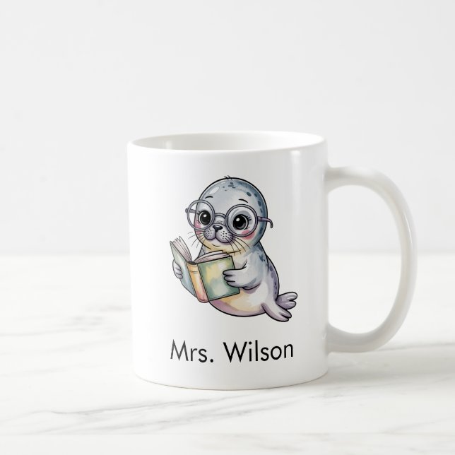 Caneca De Café Cute Seal Reading Book Custom (Direita)