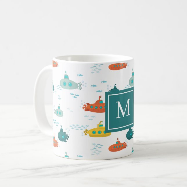 Caneca De Café Cute Submarine Nautical Deep Sea Fish Pattern (Frente Esquerda)