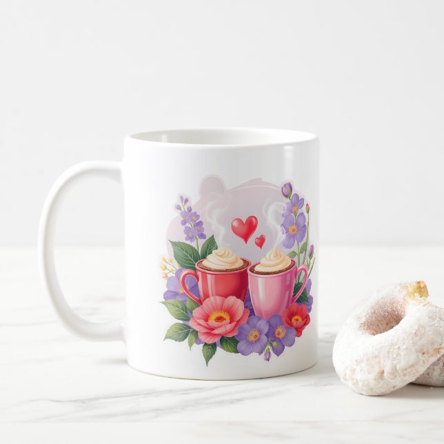 Caneca De Café Cute Valentine Cocoa Mugs with Flowers & Hearts (Com Donut)