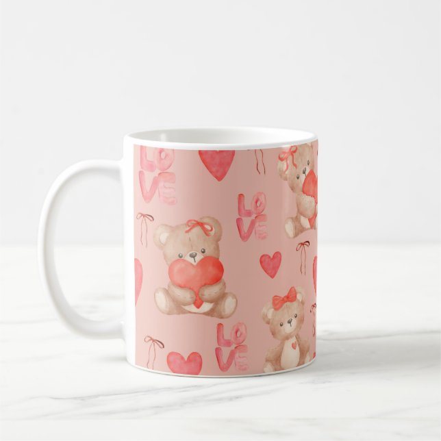 Caneca De Café Cute Valentines Brown Teddy Bear Seamless Pattern (Esquerda)