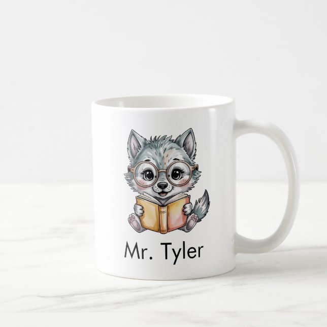 Caneca De Café Cute Wolf Reading a Book Custom (Direita)