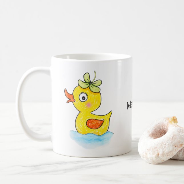 Caneca De Café Cute Yellow Rubber Duck with Clover Hat Custom (Com Donut)