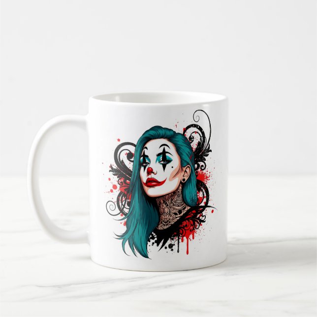 Caneca De Café Cyan Haired Clown Queen - Spooky Chic Design (Esquerda)