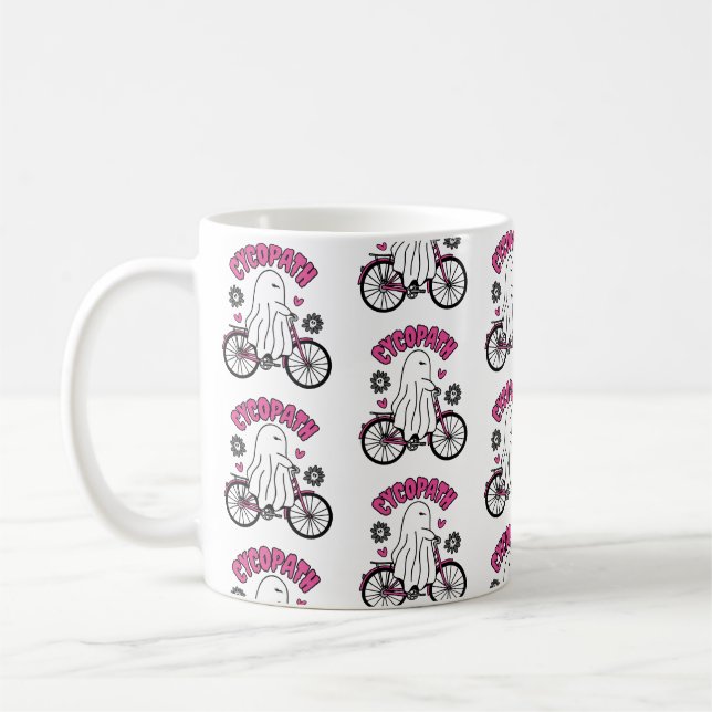 Caneca De Café Cycopath Halloween Ghost em Bicicleta Rosa (Esquerda)