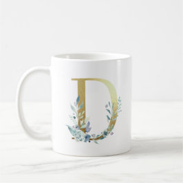 Caneca De Café D inicial de ouro com folhagem floral azul