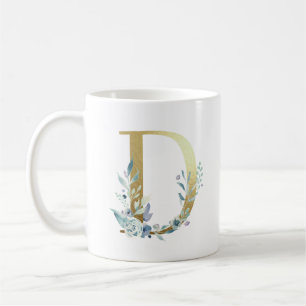 Caneca De Café D inicial de ouro com folhagem floral azul