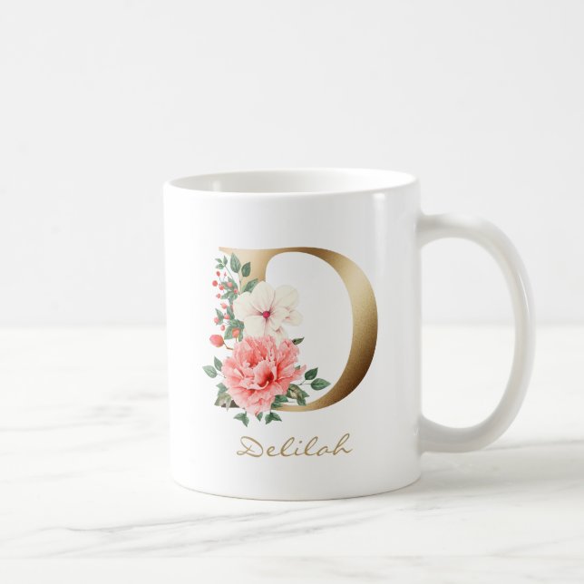 Caneca De Café D - Letra Monograma Dourado | Verde Cor-de-rosa (Direita)