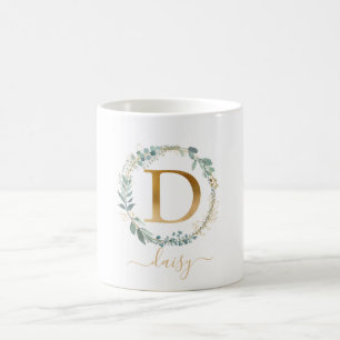 Caneca De Café D monograma, coroa de folhas específicas do clien